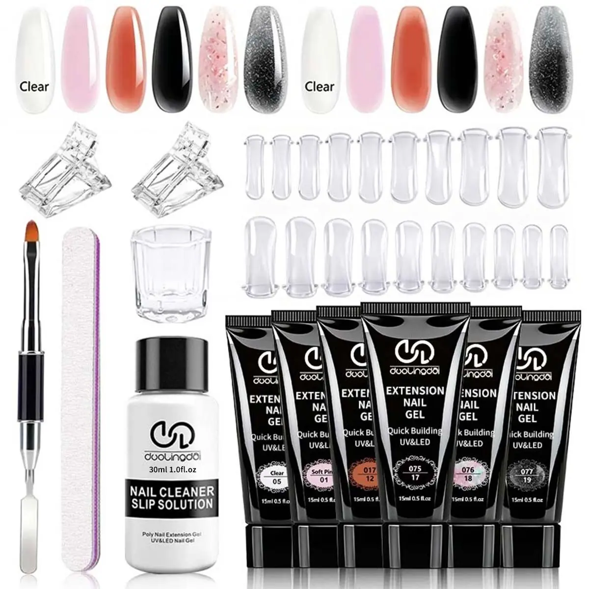duolingdai 6 pcs Tube Poly Builder Gel Set 02, UV Soak Off Nail Extension Sculpting Gel, Clear Soft Pink Nude Brown Black Glitter Shades, DIY Manicure Kit With Slip Solution, Nail Forms, Nail Pen & Complete Nail Art Tools For Nail Sculpting