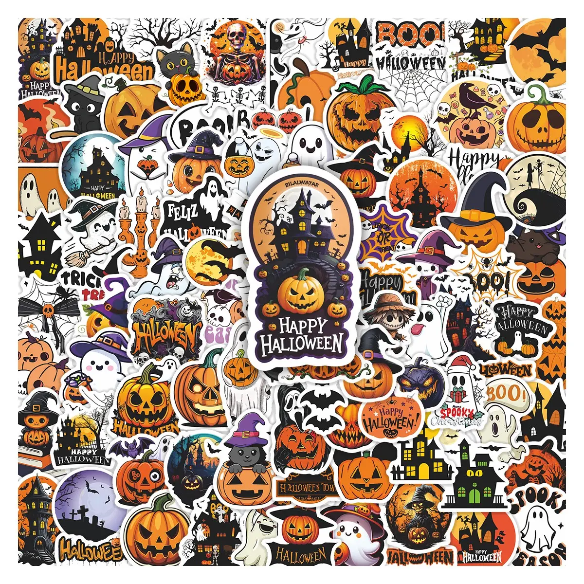 100pcs Halloween Themed Sticker Collage Pack, Waterproof Spooky Halloween Pumpkin & Ghost Decals for Laptop, Water Bottle, Journal & Scrapbook, Halloween Party Gift, Fun Stickers