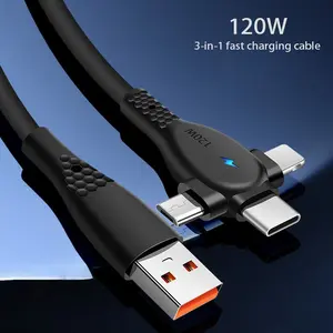 Three-In-One Multi-Function Charging Cable with LED Indicator, Compatible with iPhone 14/13/12 Pro Max/XS Max, Type-C & Micro USB Connectors