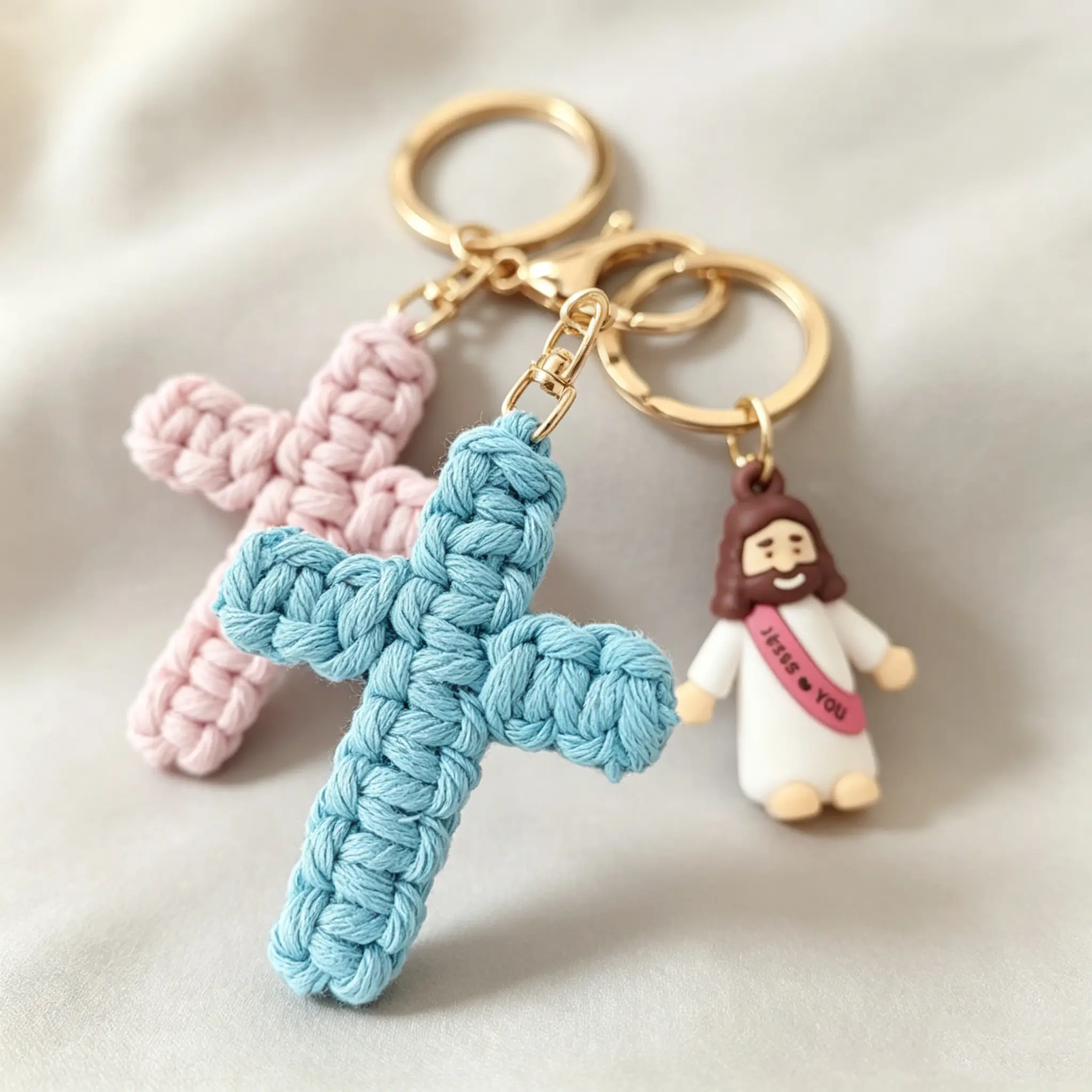 2-Pack Casual Christian Cross Keychains, Handmade Cotton Yarn Crochet Jesus Charm, Soft Lightweight Knitted Faith Pendant, Unisex School Gift Matching Pair for Backpacks, Baptism Birthday Easter, Crochet Cross