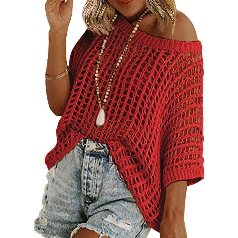 Women's Sequin Sparkly Silk Knit Pullover - Collared, Oversized Mesh, Off-the-Shoulder Raglan Sleeves, Loose-Fitting, Asymmetric Cut, Colorful Cut-Out, Crochet Accents, Style-Focused Sexy Casual Summer Beach Cover-Up | Women's Knitwear Tops, Baggy, Lady,,