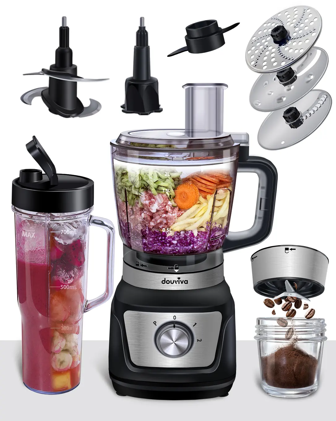 Food Processor Blender Combo, 3-1 Countertop Blender with 8cup Processor Bowl, Grinder,24oz To-Go Lid Cup, 1000W Blenders for Kitchen with Smoothies/Shakes/Mixing/Shredding/Slicing/Chop cheese/Dough