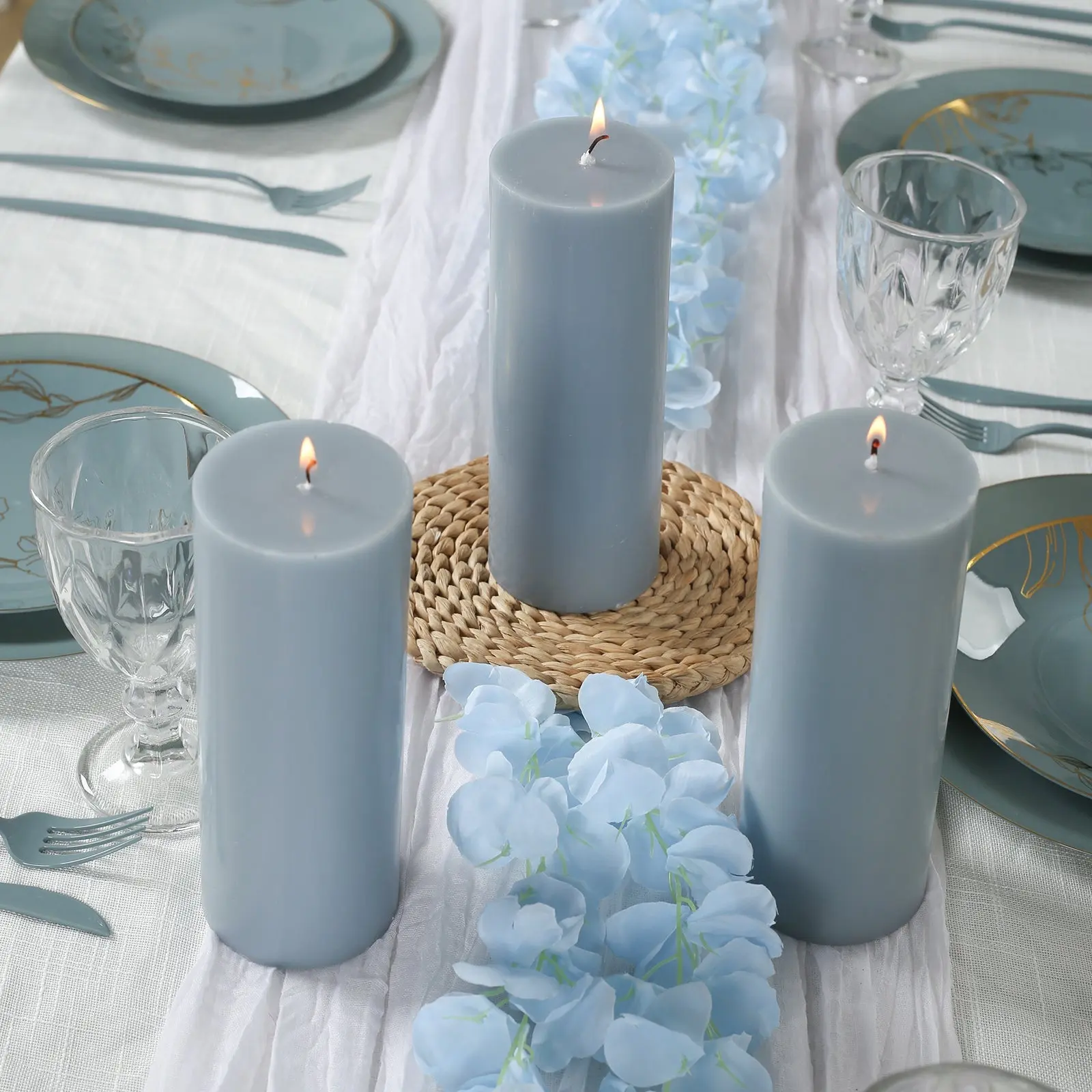 12-Pack 3"x8" Unscented Dripless Pillar Candles - Dusty Blue, Long-Burning Wax Candles with Cotton Wicks for Home & Wedding Decor