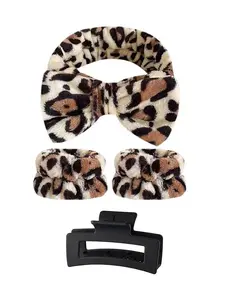 4PCS Leopard Color Design Girls Sponge Spa Puffy Headband Wristbands Hair Accessories Set With Hair Claw Clips For Party Gifts ,Daily Use, Wash Face, Makeup Use Lady Mom Bowknot Design