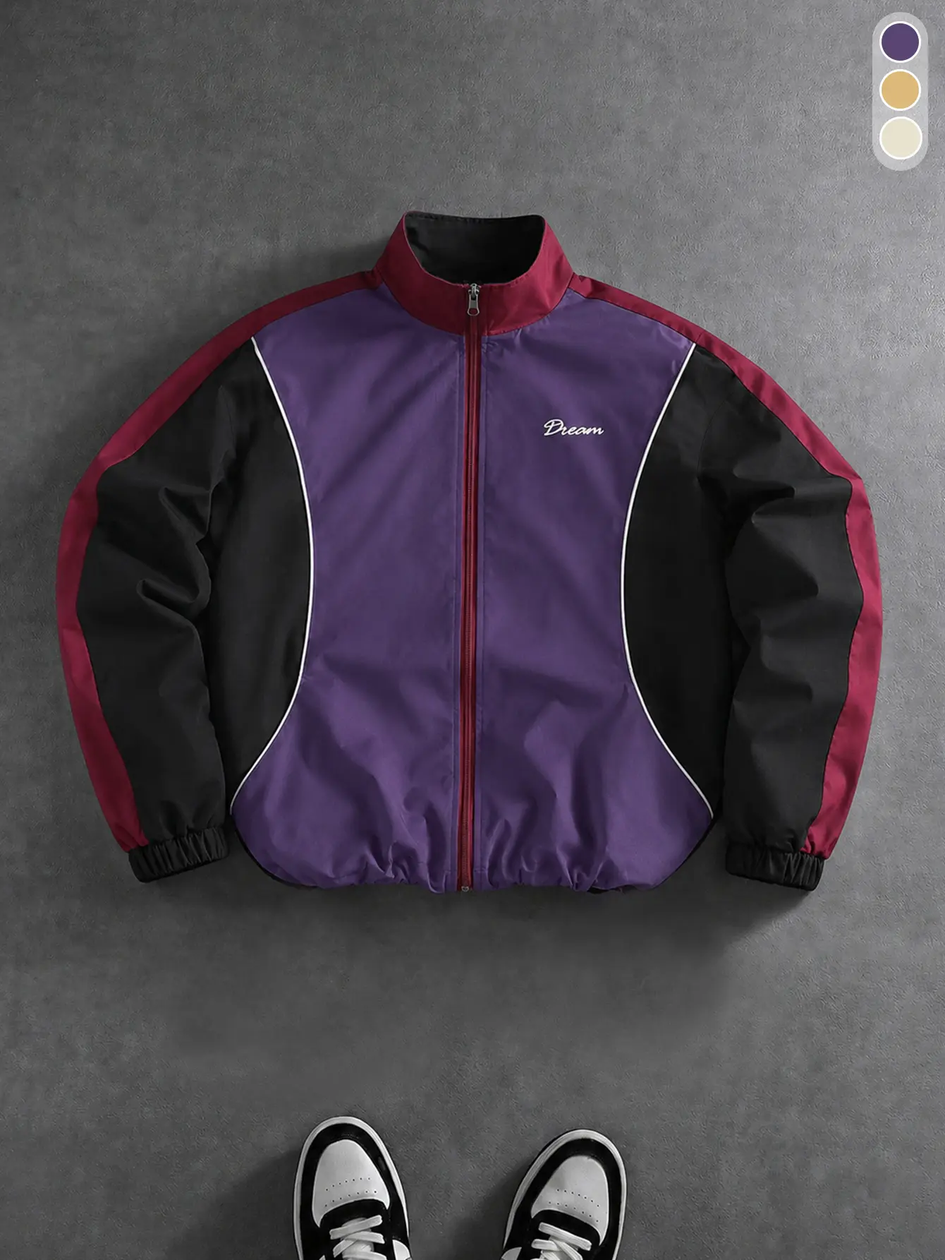 Men's color-block street jacket with "Dream" print, Y2K functional design, purple/black/red color scheme, suitable for outdoor sports and everyday commuting.