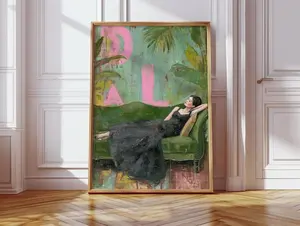 Modern living room artwork | Vintage boho poster picture | Green sofa look woman design | Colorful retro art prints decoration hallway bedroom