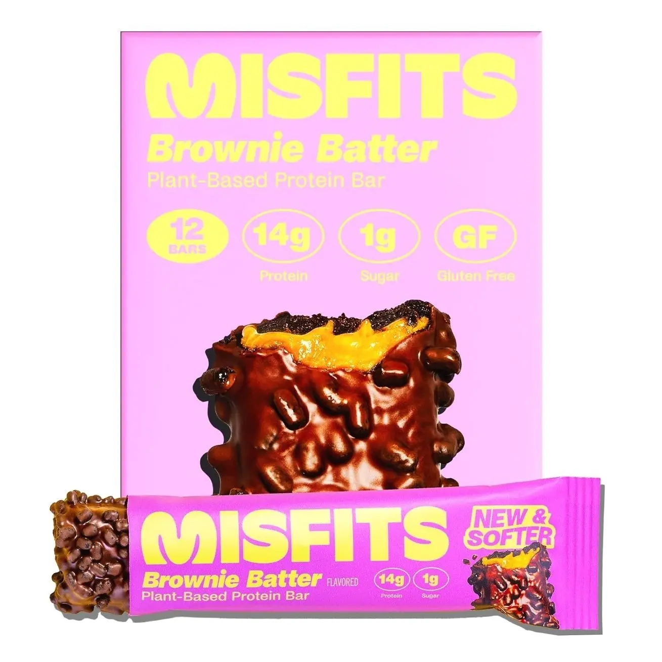 Misfits Vegan Protein Bars - Fudgey Brownie Batter| Nutrition Bars - 14g Protein, 1g Sugar, Plant-based, Low Carb, Non-GMO, Gluten Free Snacks | Pack of 12