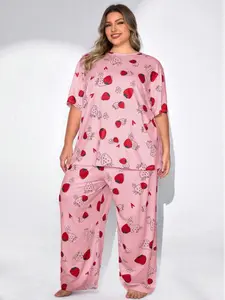 Plus Size Women's Strawberry Heart Print Pajamas Set, Comfortable Casual Sleepwear, Summer Short Sleeve Wide Leg Pants Two-Piece Suit