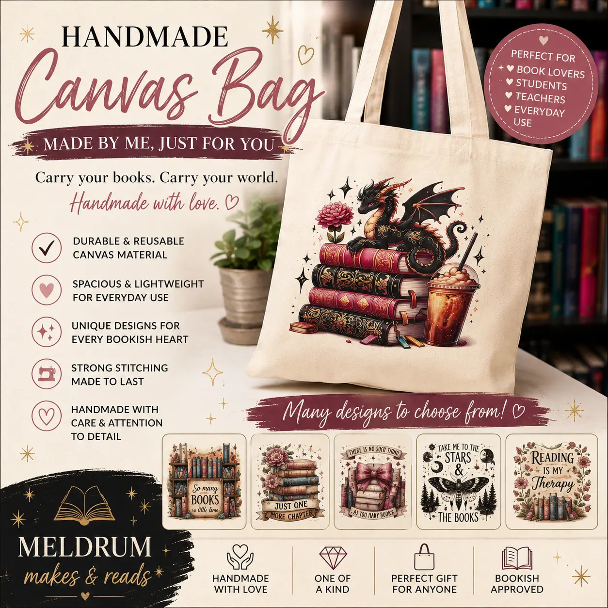 Handmade Bookish Canvas Tote Bag | Reusable Book Lover Bag | Reader Gift | Multiple Designs Available