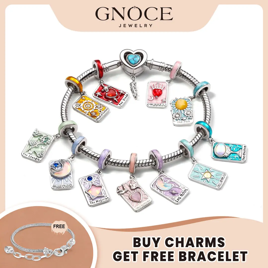 GNOCE Tarot Charm S925 Pendant for Bracelets - Tarot Necklace Pendants,  The Lovers Empress Wheel of Fortune Bracelet and Necklace Charms for Women and Girls, Tarot Cards Beads Fit Snake Bracelets and Necklaces Accessory Jewelry
