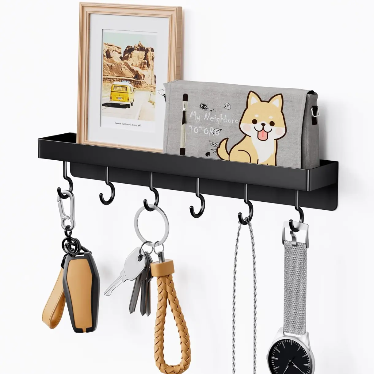 Black Key Holder - Self Adhesive Key Rack with Stainless Steel Hooks for Wall Decor