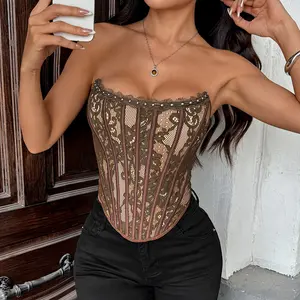 Elegant lace slim-fitting fishbone corset. Button-down backless design with retro floral cutout boning; available in multiple colors.