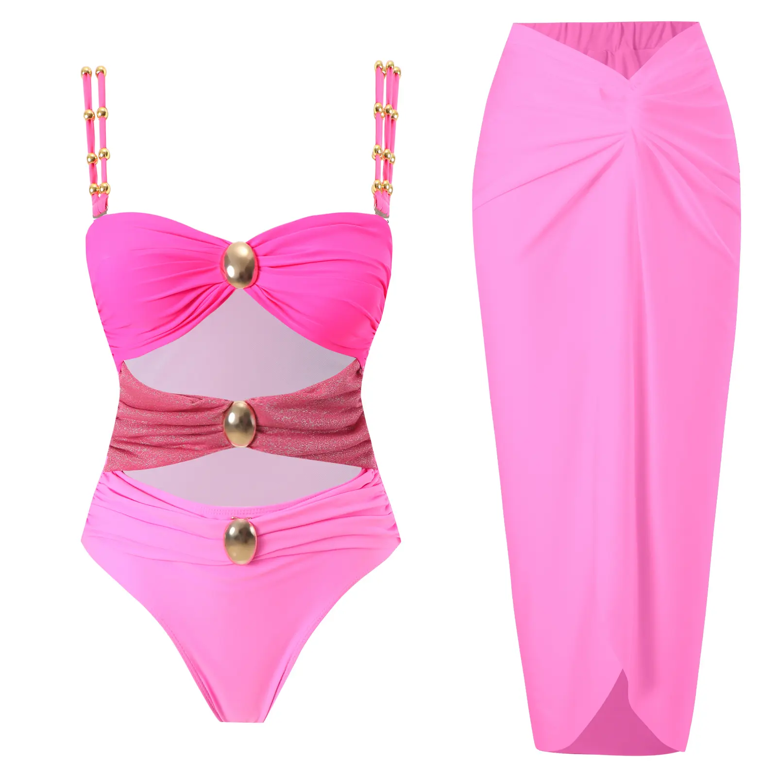 Aprilake Women’s Metal Design 2 Piece Cut Out Color Block Sexy Swimsuit With Cover Up Skirt