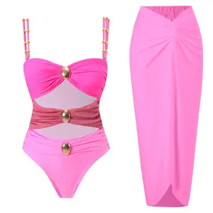 Aprilake Women’s Metal Design 2 Piece Cut Out Color Block Sexy Swimsuit With Cover Up Skirt