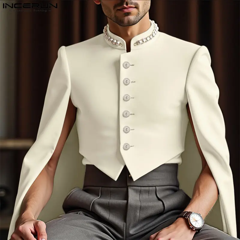 INCERUN Men's Retro 3D Cape-Sleeve Formal Short Suit Jacket - Fancy Mock Neck Menswear with Pearl Accents, Gender-Fluid Cultural Top for Classical Concerts, Party Gatherings