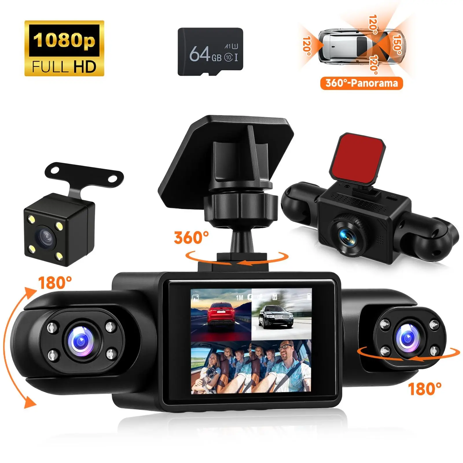 4 Channel Car Dash Camera ,1080P Car DVR with 64GB Memory Card, Car Video Surveillance with Motion Detection Car DVR HD Screen Front Rear Left and Right dashcam, car stuff,SummerVibes