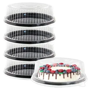 12" [5 Pack] Round Cake Pies Carriers, Black Serving Tray with Clear Lid, Disposable Cake Containers with Dome Lids Dessert Sandwich Trays for Party