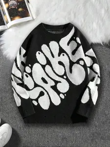 Unisex's All Over Print Drop Shoulder Sweater, Loose Street Long Sleeve Round Neck Jumper for Fall & Winter, Fashion Unisex's Knitwear for Daily Wear