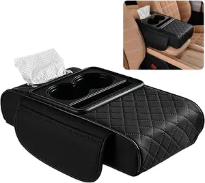 5-in-1 Car Center Console Cover,Multifunctional Arm Rest Cover for Car with Cup Holder,Phone Holder,Pocket,Car Tissue Holder,Leather Height Enhancement Car Armrest Cushion for Most Cars