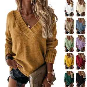 Imily Bela Womens Loose Sweaters Sexy V Neck Long Sleeve Solid Knitted Jumper Pullover Sweatshirt Tops