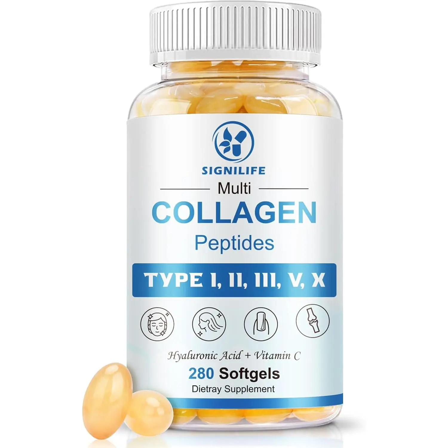 Multi Collagen Peptides Hydrolyzed Collagen Type I II III V and X with Hyaluronic Acid Vitamin C and Biotin for Women and Men Daily Skin Hair Nails and Joint Support Supplement Non GMO 280 Softgels