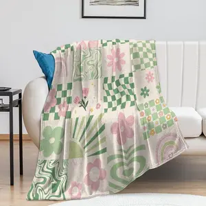 Groovy Geometry Blanket, Modern Minimal Green Pink Floral Check Patchwork Pattern Soft Warm Cozy Plush Flannel Covers for Livingroom Bedroom Couch Chair Camping Travel Home Decor Tapestry