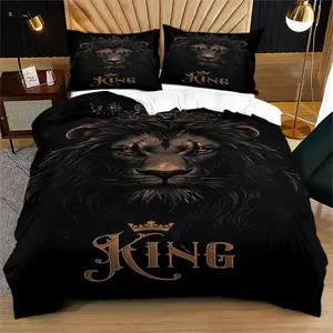 Crown Lion King Decorative Duvet Cover Set, Includes 1 Fitted Sheet and 1/2 Coreless Pillowcases, Elegant for Bedroom and Guest Room, All Seasons