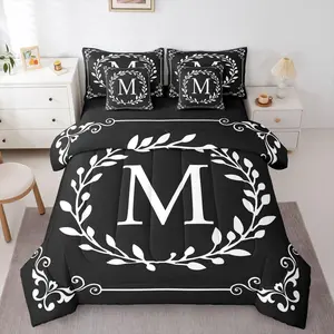 Monogram Letter Comforter Bed Set with Sheets,Black White 7 Piece Bedding Set,Boho Damask Floral Bed Bag,Personalized Gifts Adult Women Teens Kids Bed Set