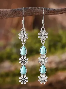 Vintage Silver Turquoise Flower Dangle Earrings for Women, Boho Western Teardrop Turquoise Drop Earrings, Bohemian Statement Jewelry Gift, Boho Style Jewelry