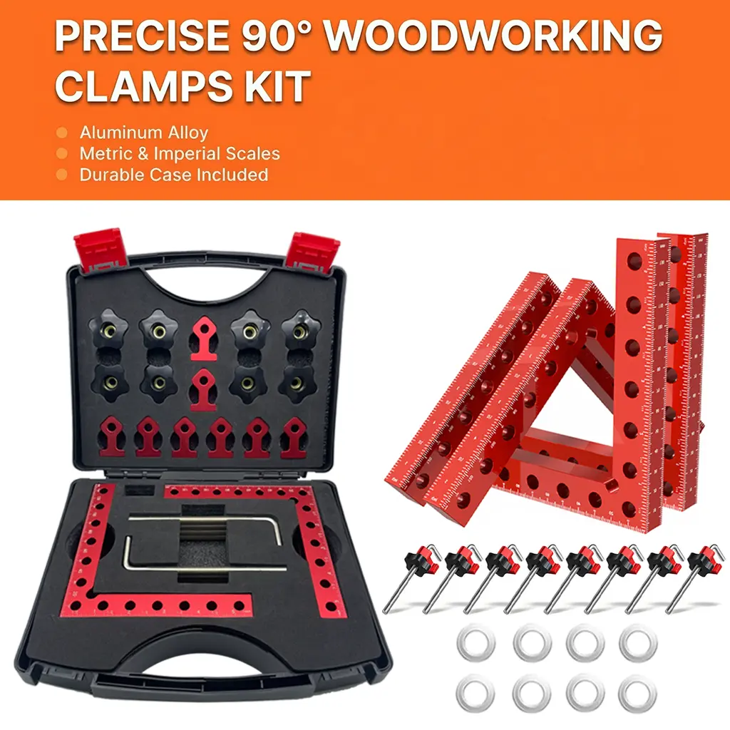 4-Pack Aluminum 90-Degree Corner Clamp Kit (12-Piece Set) | Woodworking Positioning L-Squares for Box, Frame and Cabinet Assembly