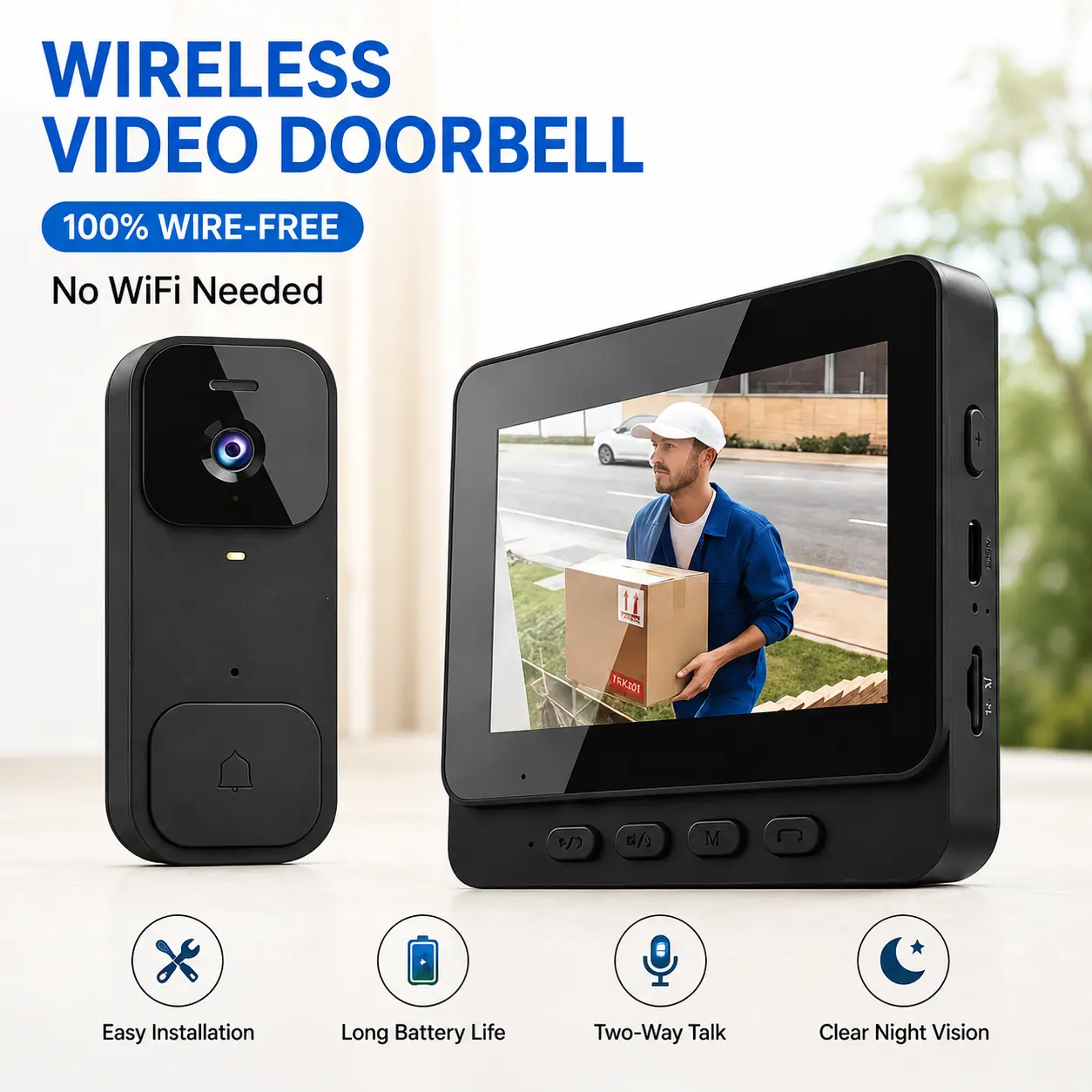 Wireless Video Doorbell Camera with Screen Monitor, No WiFi Needed, Two-Way Audio, Night Vision, Long Battery Life, Easy Install Security System