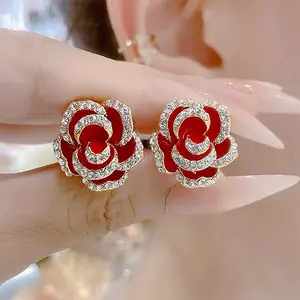 Red Camellia Flower Stud Earrings for Women, 925 Silver Needle Jewelry, Luxury Chic Rose Petal Design Elegant Style