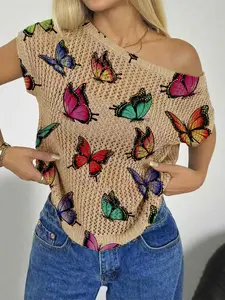 Spring Summer Women's Beach Vacation Style Asymmetric Neck Off-Shoulder Batwing Sleeve Semi-Sheer Lace Butterfly Print Knit Top