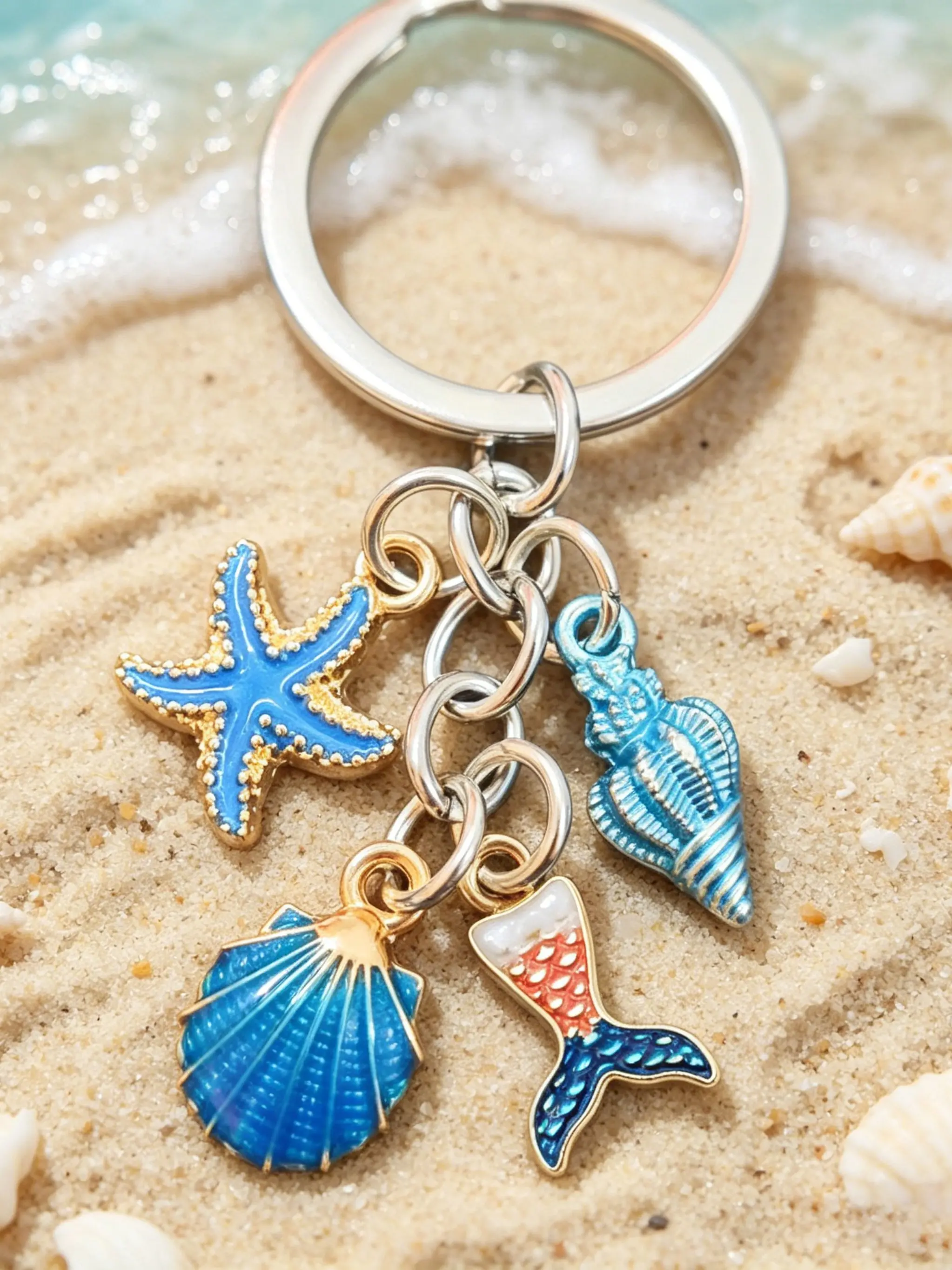 Ocean Starfish Keychain, Mermaid Tail Keyring, Conch Shell Keychain, Keychain For Purse, Starfish Shell Conch Women Bag Pendant, Beach Vibe Coastal Keychain, Ocean Themed Enamel Bag Purse Charms, Handbag Accessory