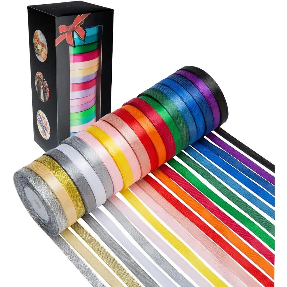 20 Colors 300 Yard Satin Ribbon -18 Silk Ribbon Rolls & 2 Glitter Metallic Ribbon Rolls, 2/5" Wide 15 Yard/Roll, Ribbons  for Crafts, Hair Bows,  Wrapping, Wedding Party Decoration and More