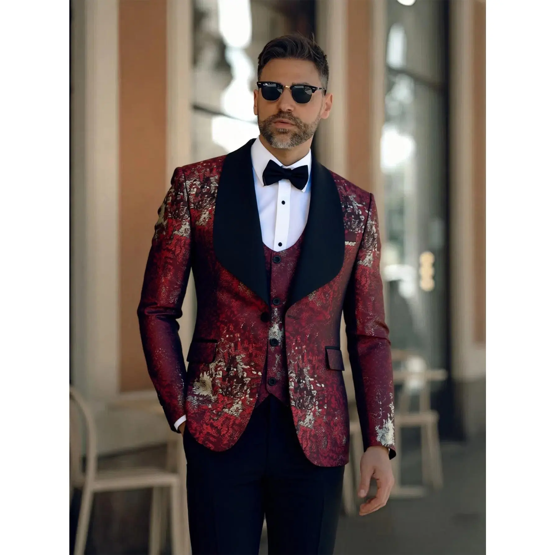 Men's 3-Piece Suit Set: Chic Floral Jacquard Tuxedo Jacket, Classic Polyester Vest & Formal Pants for Weddings, Prom