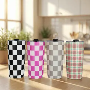 New Portable Fashion Stainless Steel Travel Mugs with Cute Checked Pattern Design Coffee Thermos Mug Tumblers for Girls Boys in Vibrant Colors Lightweight Drinkware Bottles Beverage