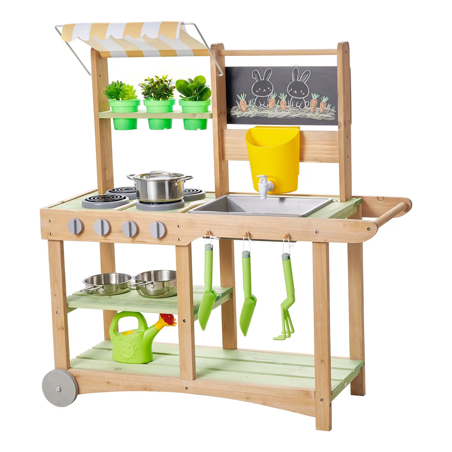 VEVOR Mud Kitchen, Outdoor Mud Kitchen for Kids, Wood Outdoor Play Kitchens with Spoons, Sink, Sunshade Canopy, Swivel Wheels, Cookware Pots and Accessories, Wooden Play Kitchens for Home, Lawn