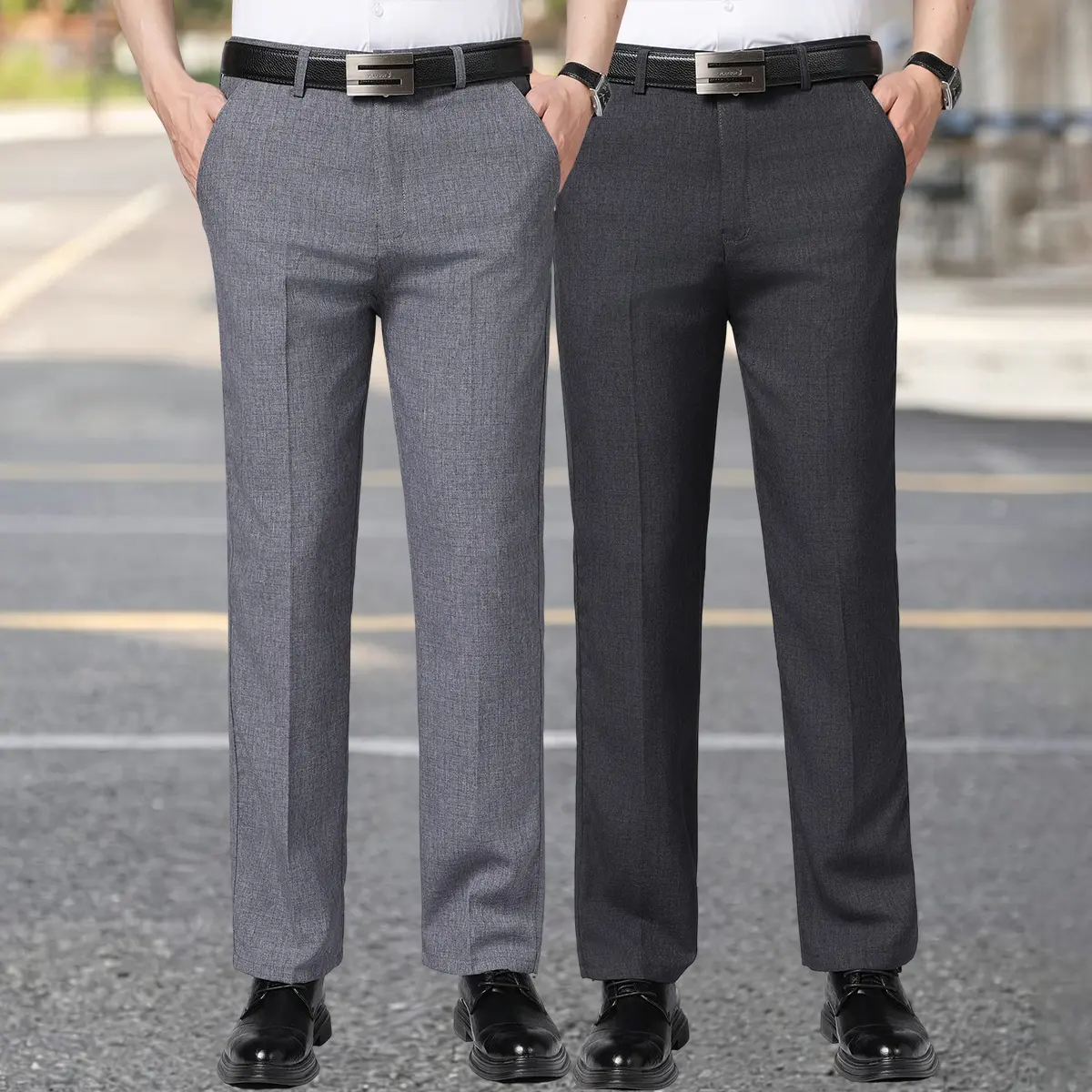 Men's 2-Pcs Buttons Classic Stretch Dress Pants - Casual Straight-Leg, Slim-Fit Formal Trousers for Business, Office Wear, All-Season Versatile Bottoms, Buttons Men's Pants