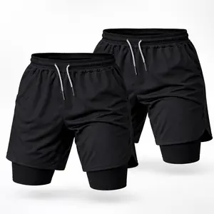 [Solid Color] 2 Pcs 2 Pack 80s 90s Double-Layer Sports Shorts Graphic Shorts Black Camo Streetwear Shorts Men Outfits Men Vacation Outfits Shorts