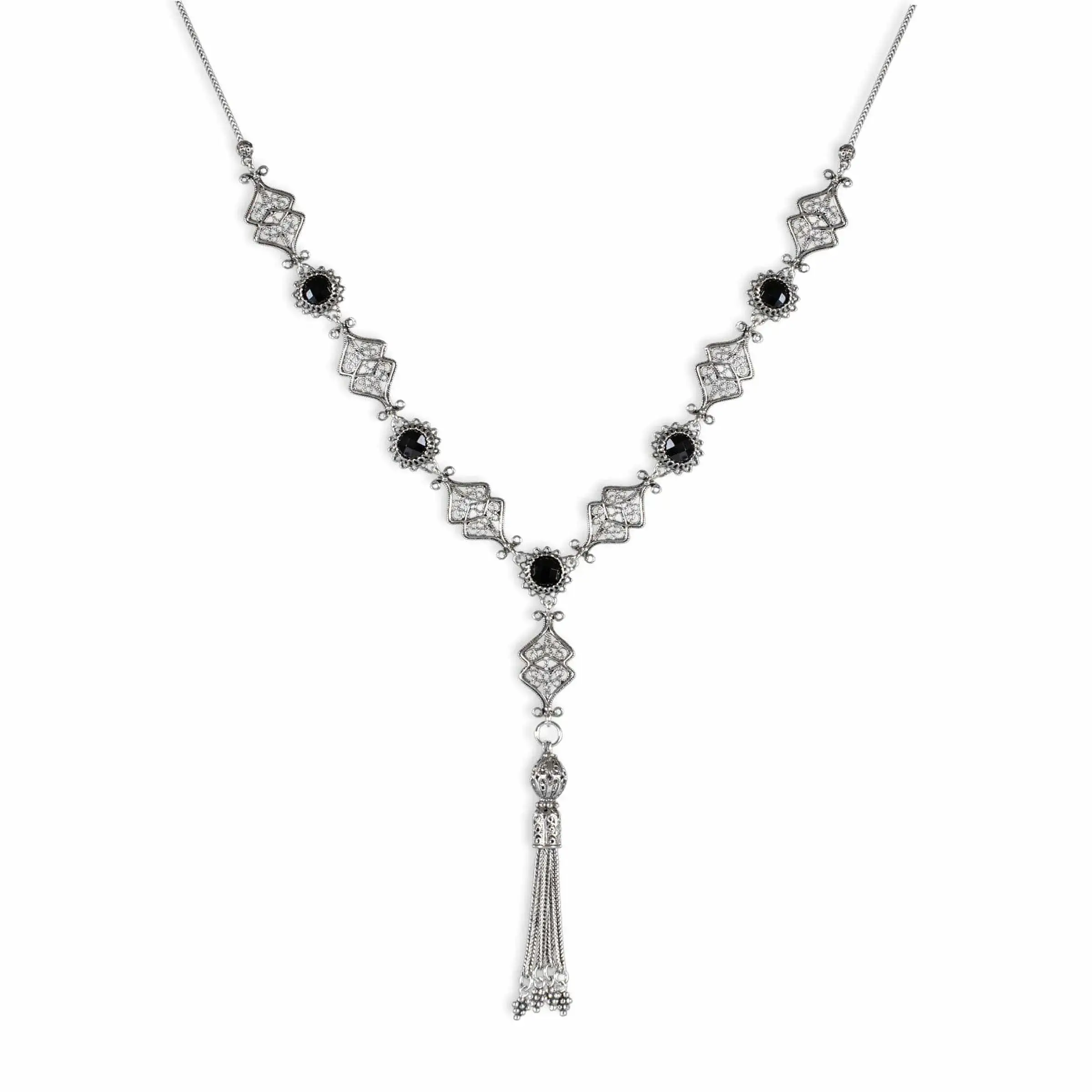 Filigree Art Black Onyx / Citrine / Prasiolite Gemstone Women Silver Tassel Choker Necklace