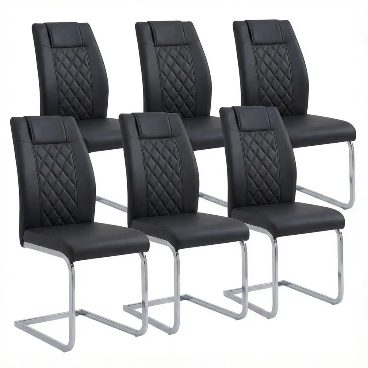 6-Piece Black PU Leather Dining Chairs with Plated Chrome Metal Frame, Modern Padded High-Back Indoor Chairs for Dining Room, Kitchen, Pu Leather Chairs