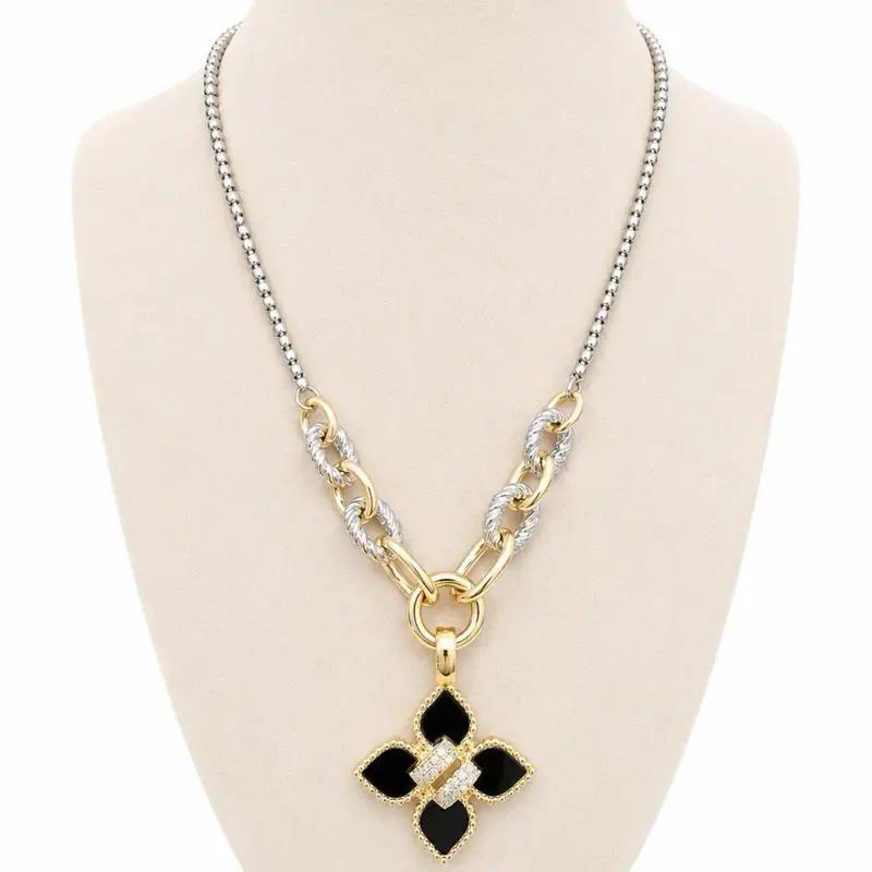 2-Toned Black Onyx, CZ Pave Clover Necklace - Fashion Costume Jewelry Accessory
