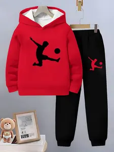 Boys Junior Football Print 3D Set, Hooded Sweatshirt and Pants Two-Piece, Casual Fall Winter Kids Clothing
