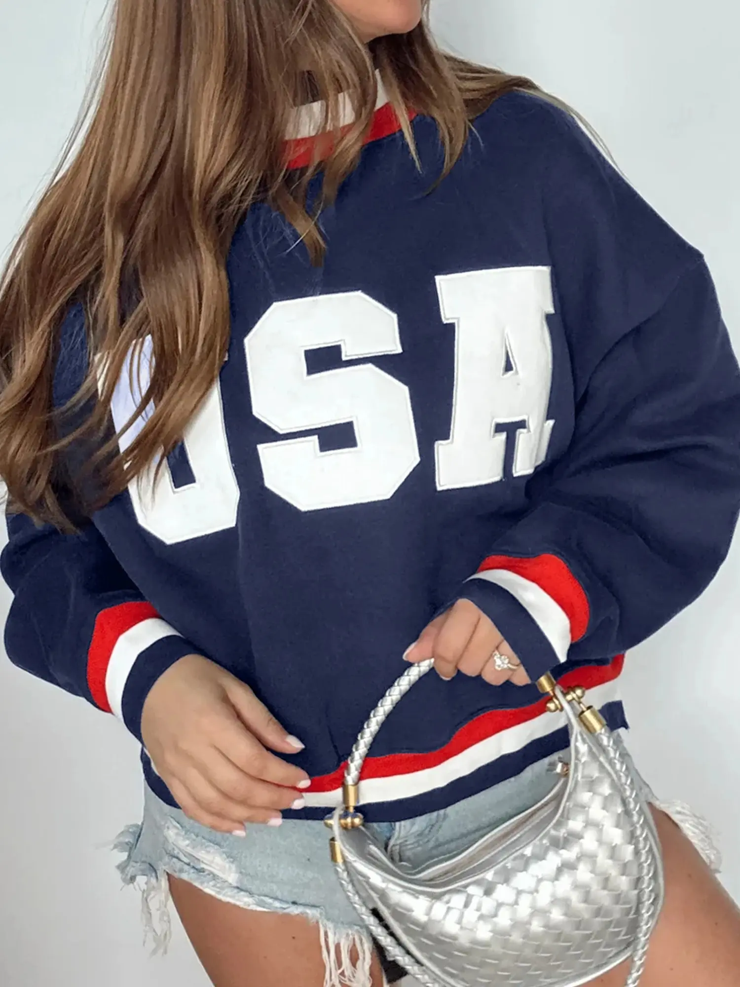 Women’s Casual Athletic Poly-Cotton Mix Sweatshirt - USA Patch Lettering Embroidered, High Neck, Long Sleeve, Colorblock Relaxed Shift Pullover, Striped Ribbed Cuffs & Collar, Comfortable Retro Style Vibe Top for Fall & Everyday Wear, Longsleeves
