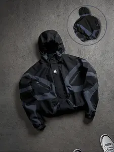 Oversized Black Cropped Tech Jacket, New Custom Signature Zip Up Windbreaker with Fleece Lined Hood, Structured Matte Waterproof Streetwear Men's 2000s Fashion Outfit Essential