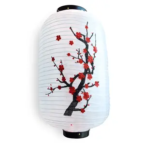 Large Japanese Style Nylon Lantern with Plum Tree Blossoms, White (12"W x 19.5"H)