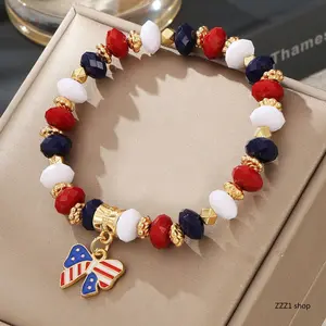 Patriotic Beaded Bracelets for Women July 4th Red White Blue Crystal Bead Bracelet American Flag Butterfly Charm Girls Independence Day Jewelry Gift