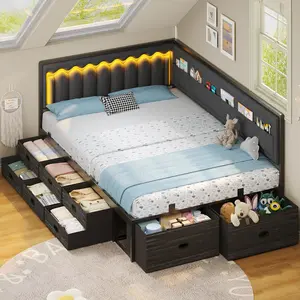 ADORNEVE Full Size L-Shaped Corner Bed Frame with 8 Drawers, 6 Storage Pockets, RGB Wave Lights & Upholstered Guardrail - Full Daybed for Kids, Apartment Furniture, Bed Frames, Full Size Bed