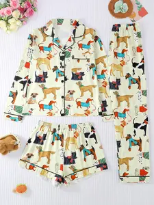 Women's Sleepwear Set, Pajama Set, Long Sleeve Button-Down Cardigan, Pants & Shorts, Dog Print Design, Casual Loose Fit, All Seasons Wear